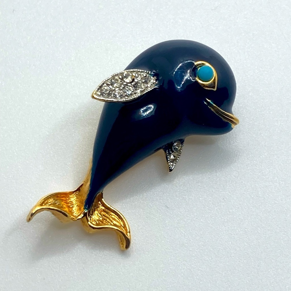 Vtg Boucher Gold Tone Enamel Pavé Crystal & Turquoise Eye Smiling Dolphin Brooch